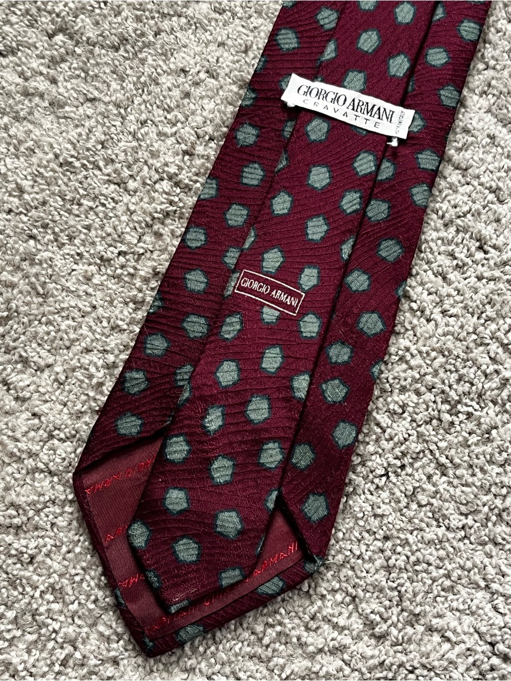 VTG - Giorgio Armani - Burgundy Silk Tie with a Olive Green Dot Pattern